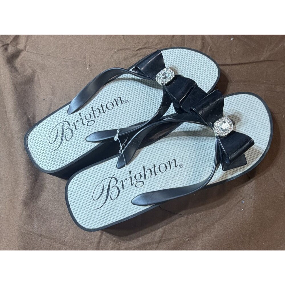 Brighton Women's Flip Flops Black Silver Rhinestone Bow Size 10 Sandals
